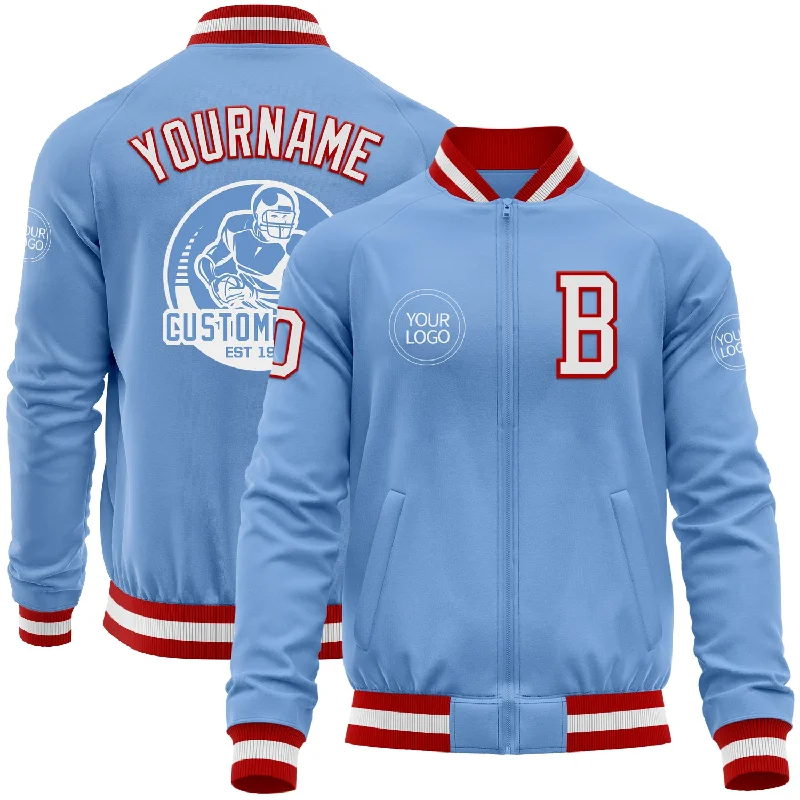 Utility Cargo Jacket for Practical Use-Custom Light Blue White-Red Bomber Varsity Letterman Zipper Jacket