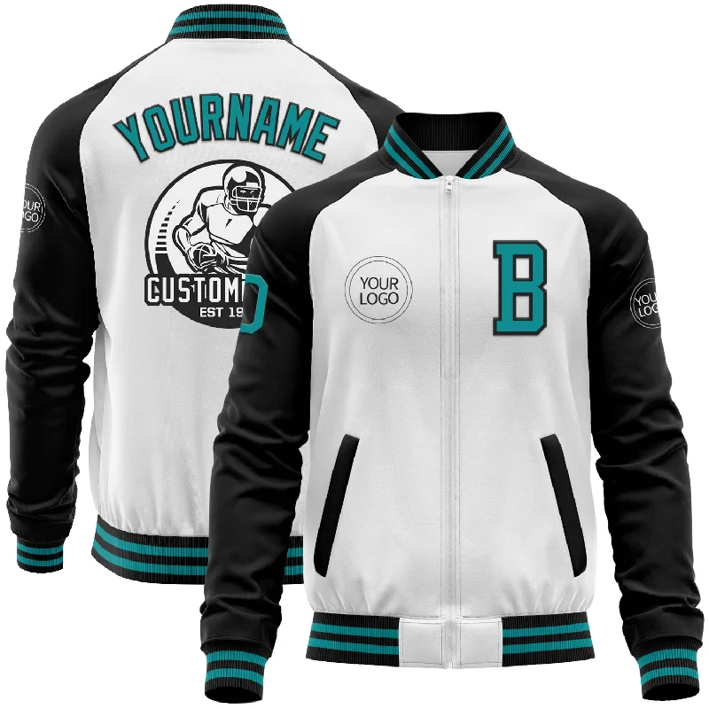 Sporty Zip-Up Jacket for Active Lifestyles-Custom White Teal-Black Bomber Varsity Letterman Two Tone Zipper Jacket