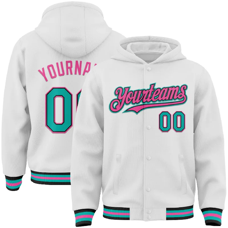 Zip Hoodie for Layering and Versatility-Custom White Aqua Black-Pink Bomber Full-Snap Varsity Letterman Hoodie Jacket