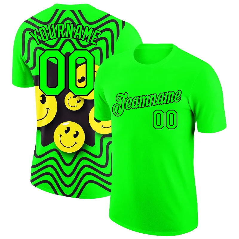 Premium Quality Printed T-Shirt for Unique Style-Custom Pea Green Black 3D Pattern Design Smile Emoji Performance T-Shirt