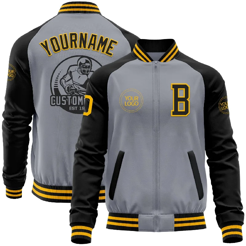 Trendy Bomber Jacket with Patches for Unique Look-Custom Gray Gold-Black Bomber Varsity Letterman Two Tone Zipper Jacket