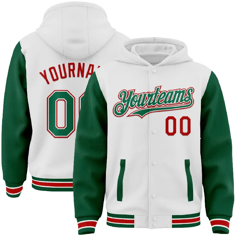 Colorful Hoodie for Vibrant Looks-Custom White Kelly Green-Red Bomber Full-Snap Varsity Letterman Two Tone Hoodie Jacket