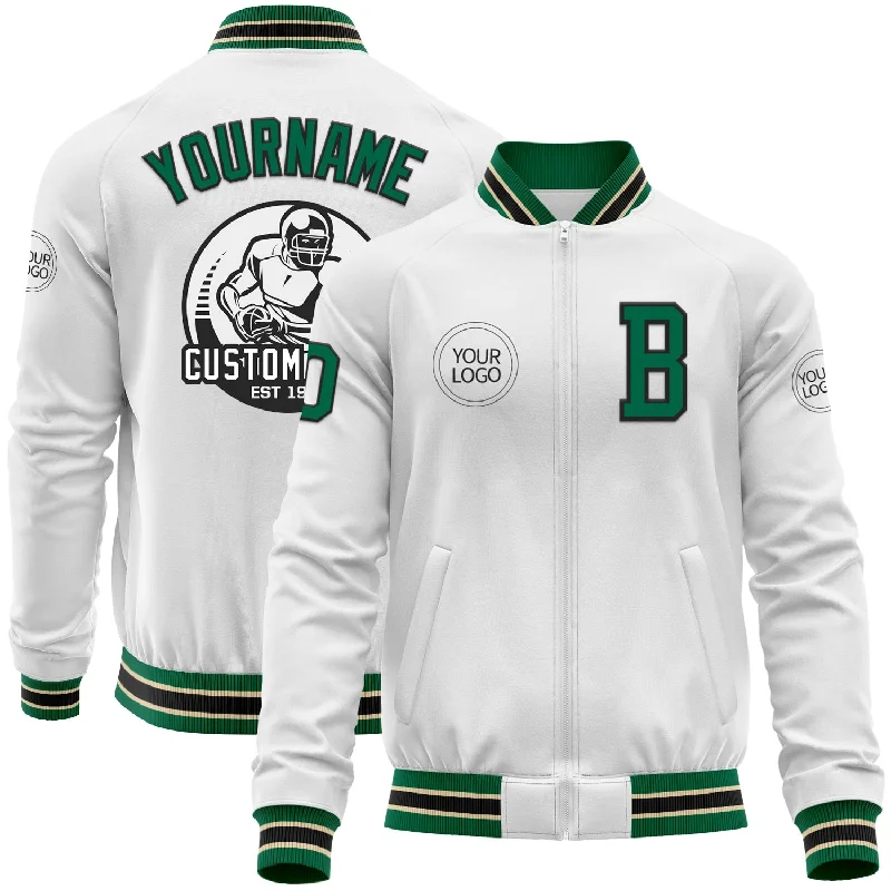 Casual V-Neck Jacket for Relaxed Vibes-Custom White Kelly Green Black-Cream Bomber Varsity Letterman Zipper Jacket