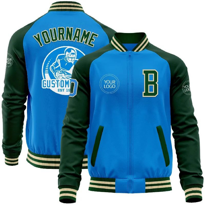 Wind-Resistant Jacket for Active Lifestyles-Custom Powder Blue Cream-Green Bomber Varsity Letterman Two Tone Zipper Jacket