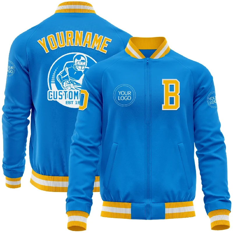 Trendy Colorblock Jacket for Bold Fashion-Custom Powder Blue Gold-White Bomber Varsity Letterman Zipper Jacket