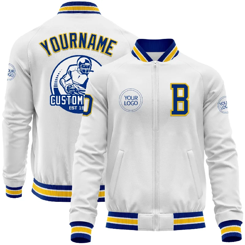 Sporty Zip-Up Jacket for Active Lifestyles-Custom White Royal-Yellow Bomber Varsity Letterman Zipper Jacket