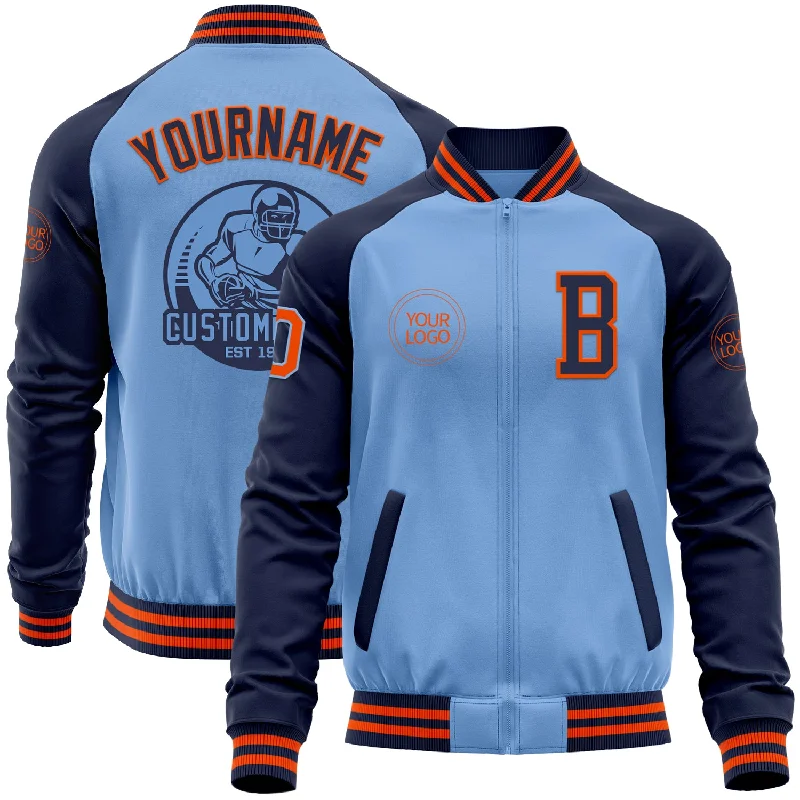 Customizable Jacket for Personalized Style-Custom Light Blue Orange-Navy Bomber Varsity Letterman Two Tone Zipper Jacket