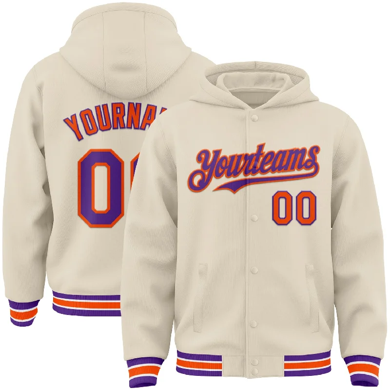 Warm Hoodie for Outdoor Adventures-Custom Cream Purple Orange-White Bomber Full-Snap Varsity Letterman Hoodie Jacket