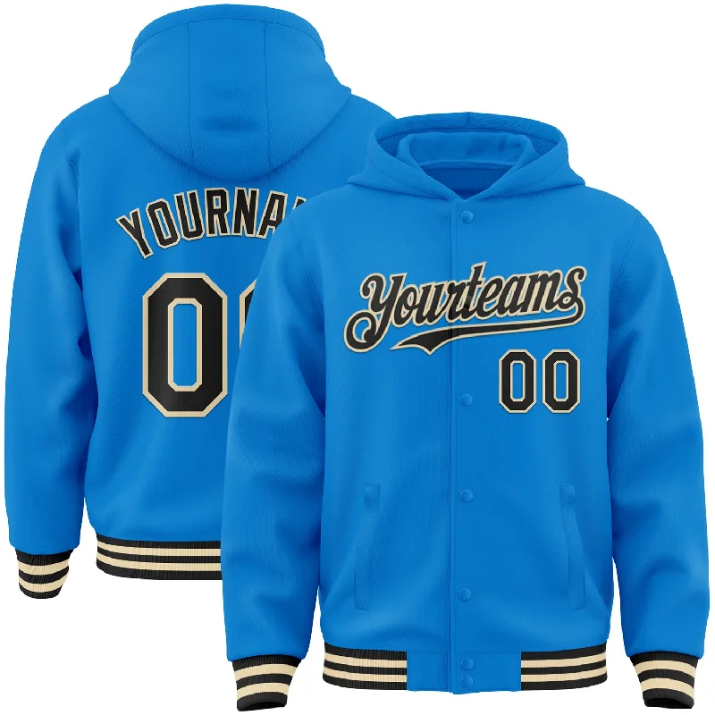 Classic Hoodie for Versatile Styling-Custom Powder Blue Black-Cream Bomber Full-Snap Varsity Letterman Hoodie Jacket