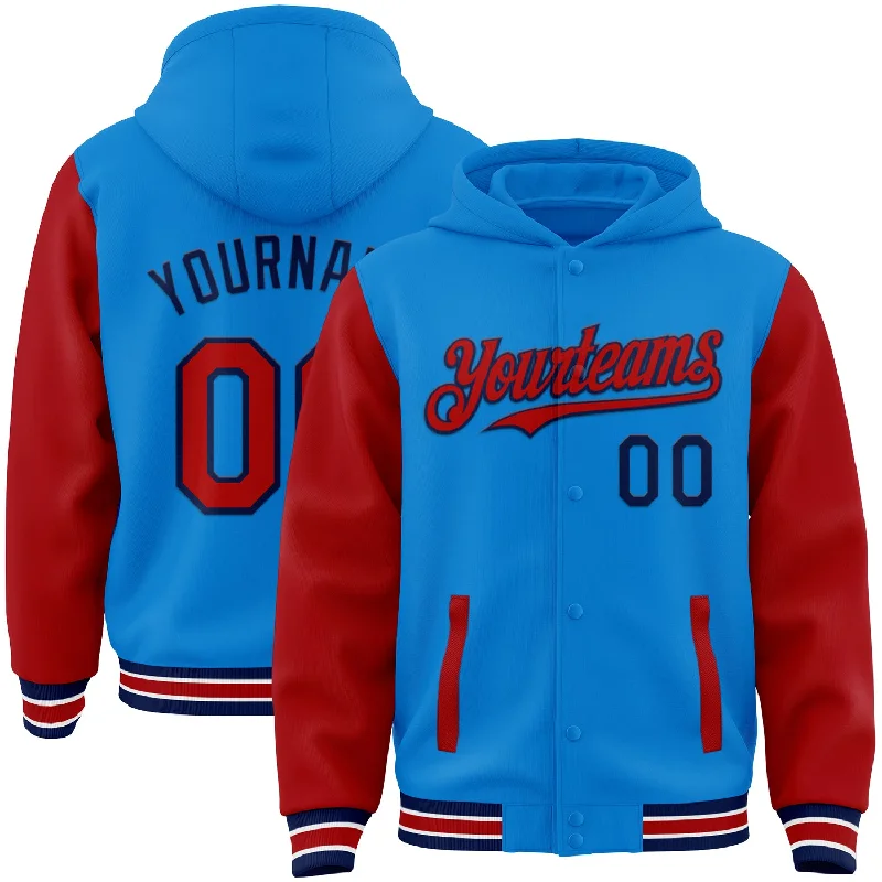 Trendy Hoodie for Casual Street Style-Custom Powder Blue Red-Navy Bomber Full-Snap Varsity Letterman Two Tone Hoodie Jacket