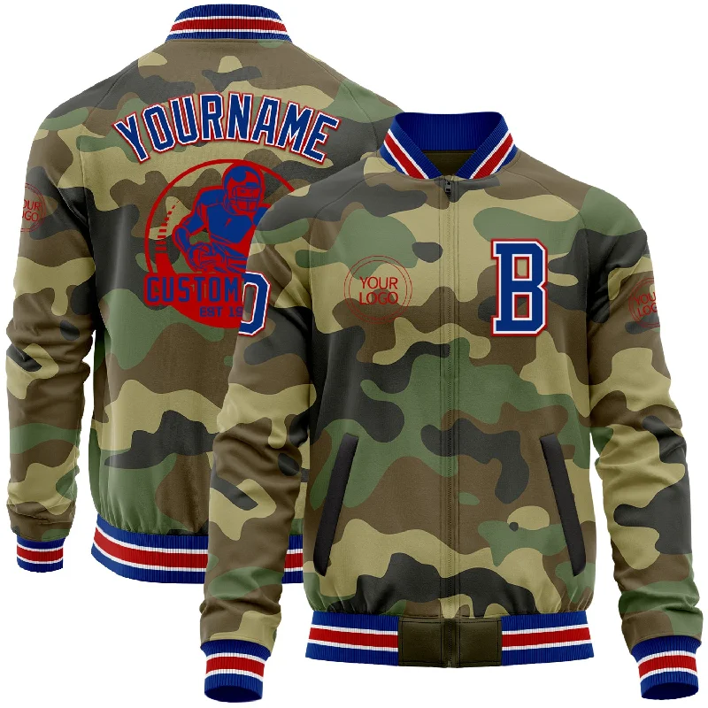 Stylish Puffy Jacket for Winter Warmth-Custom Camo Royal-Red Bomber Varsity Letterman Salute To Service Zipper Jacket