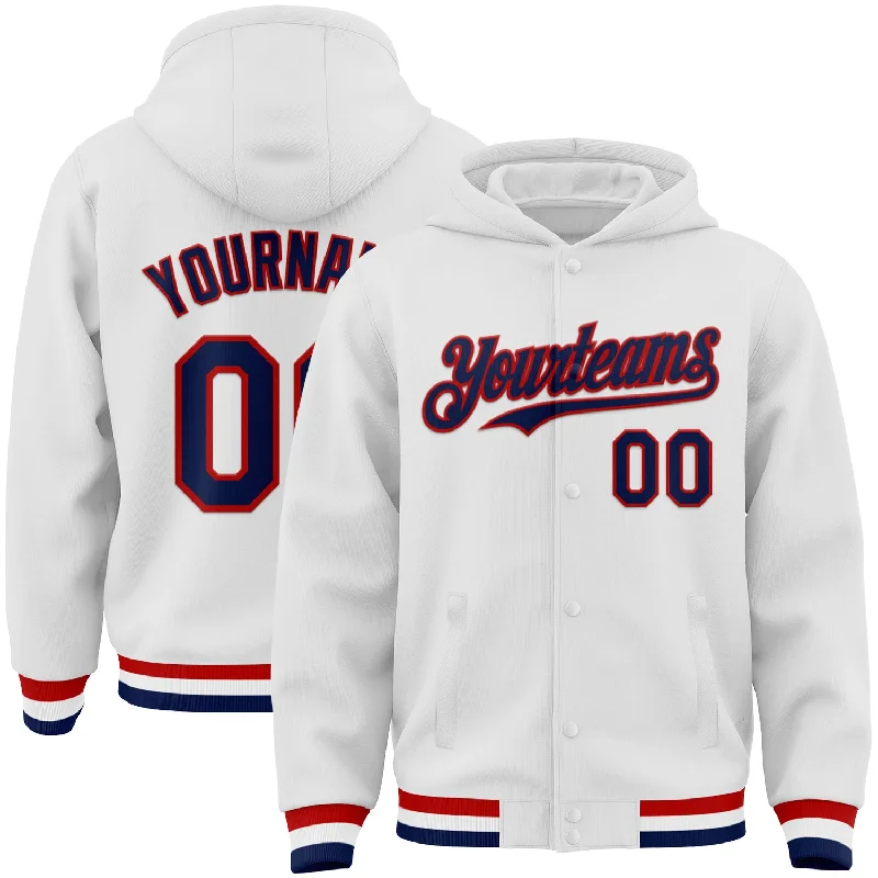 Classic Hoodie with Large Pocket for Convenience-Custom White Navy-Red Bomber Full-Snap Varsity Letterman Hoodie Jacket