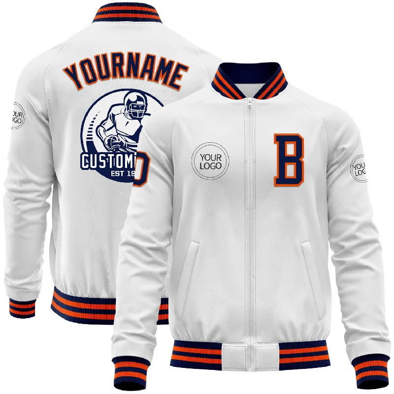 Comfortable Zip-Up Hoodie Jacket for Layering-Custom White Navy-Orange Bomber Varsity Letterman Zipper Jacket