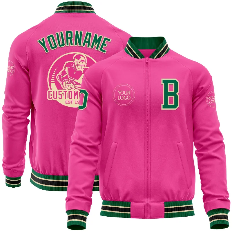 Sporty Sweat Jacket for Comfortable Wear-Custom Pink Kelly Green Cream-Black Bomber Varsity Letterman Zipper Jacket