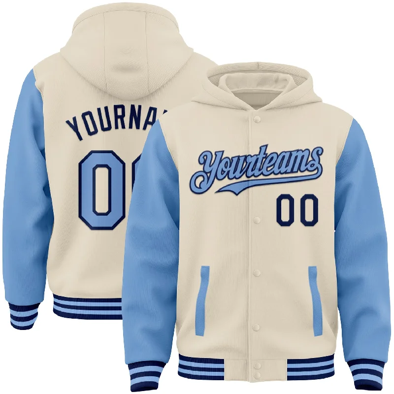 Sporty Hoodie for Gym and Workout-Custom Cream Light Blue-Navy Bomber Full-Snap Varsity Letterman Two Tone Hoodie Jacket