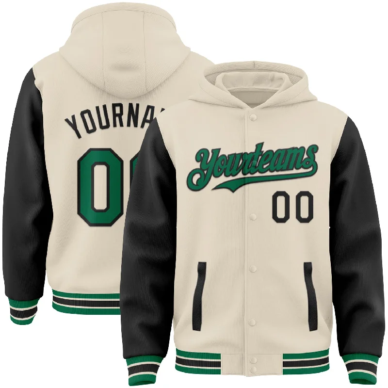 Graphic Hoodie for Unique Designs-Custom Cream Kelly Green-Black Bomber Full-Snap Varsity Letterman Two Tone Hoodie Jacket