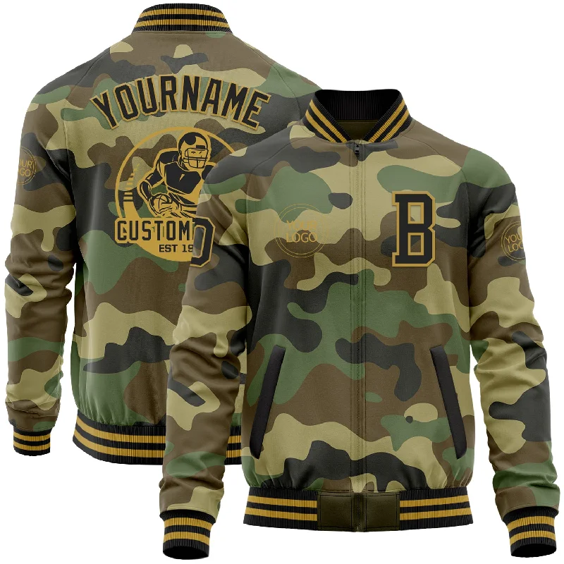 Sporty Zip-Up Athletic Jacket for Training-Custom Camo Black-Old Gold Bomber Varsity Letterman Salute To Service Zipper Jacket