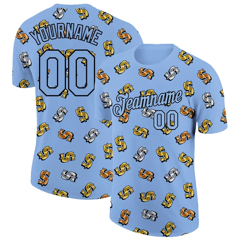 Eco-Friendly Hemp T-Shirt for Sustainability-Custom Light Blue Black 3D Pattern Design Dollar Sign Money Theme Performance T-Shirt