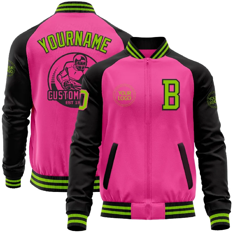 Customizable Jacket for Personalized Style-Custom Pink Neon Green-Black Bomber Varsity Letterman Two Tone Zipper Jacket