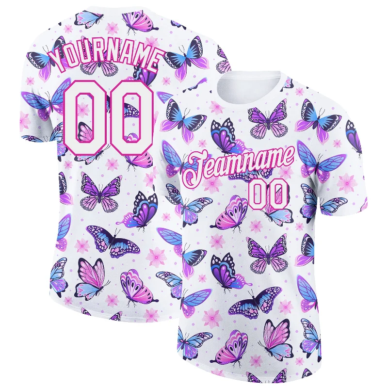 Breathable Sports T-Shirt for Active Lifestyles-Custom White Pink 3D Pattern Design Butterfly Performance T-Shirt