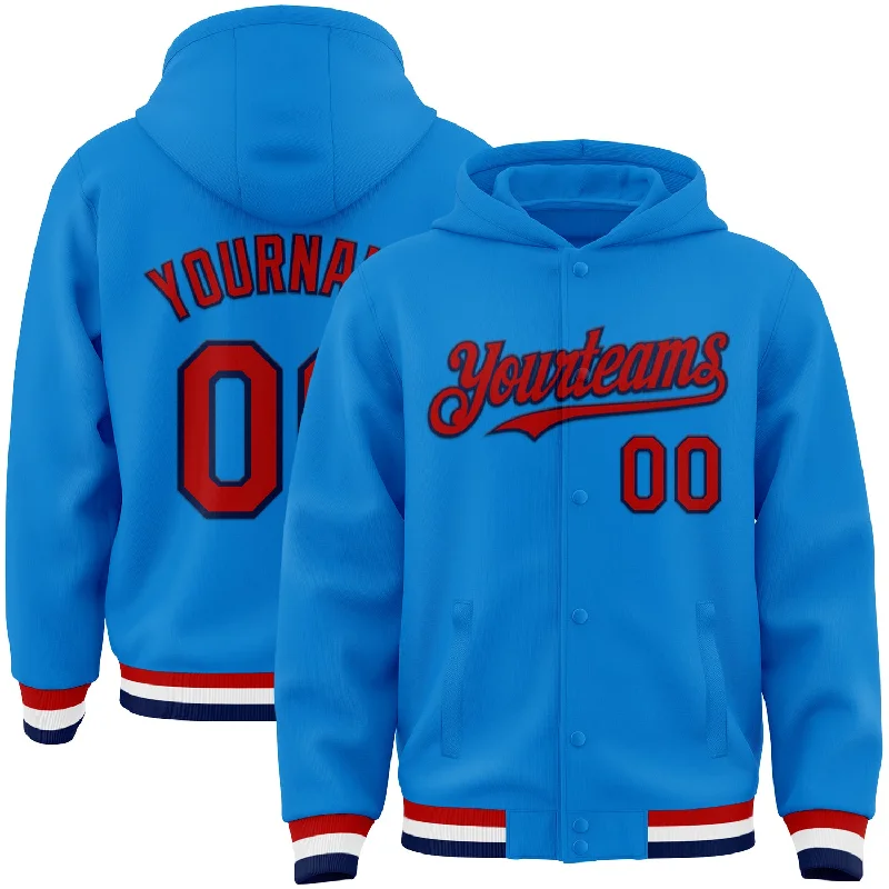 Trendy Oversized Hoodie for Street Style-Custom Powder Blue Red-Navy Bomber Full-Snap Varsity Letterman Hoodie Jacket