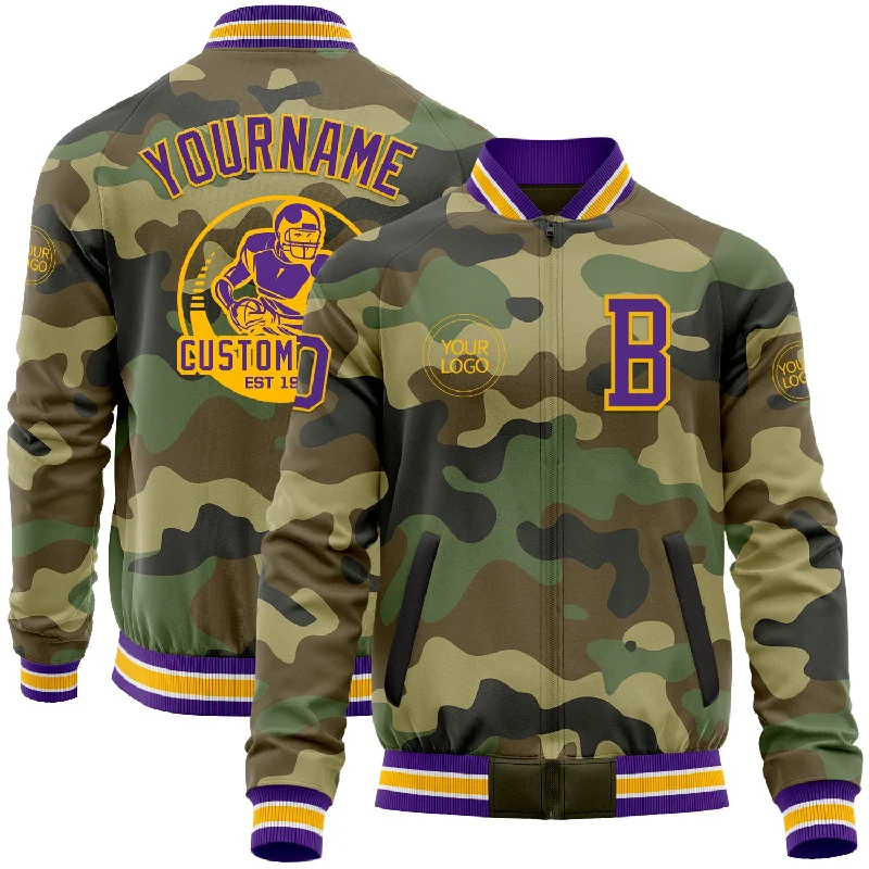 Cool Faux Leather Bomber Jacket for Cool Vibes-Custom Camo Purple-Gold Bomber Varsity Letterman Salute To Service Zipper Jacket