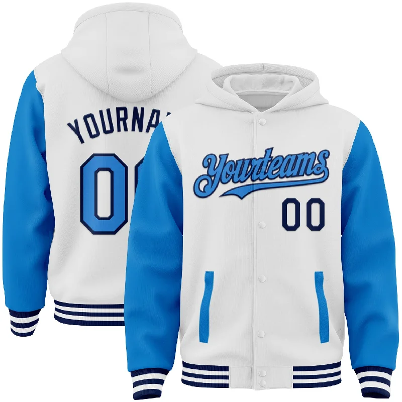 Comfy Hoodie for Lounging at Home-Custom White Powder Blue-Navy Bomber Full-Snap Varsity Letterman Two Tone Hoodie Jacket