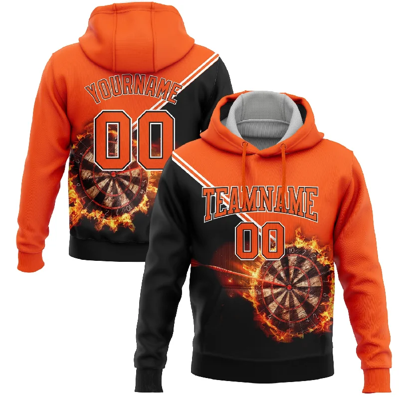 Cozy Hoodie with Comfortable Fit for Layering-Custom Stitched Orange Black-White 3D Flame Dart Board Sports Pullover Sweatshirt Hoodie