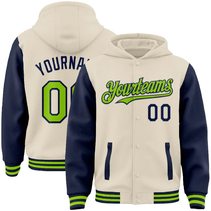 Comfortable Hoodie for Casual Hangouts-Custom Cream Neon Green-Navy Bomber Full-Snap Varsity Letterman Two Tone Hoodie Jacket