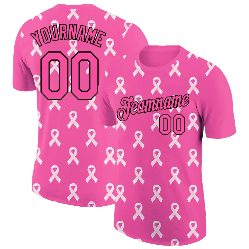 Classic Design T-Shirt for Timeless Fashion-Custom Pink Black 3D Pink Ribbon Breast Cancer Performance T-Shirt