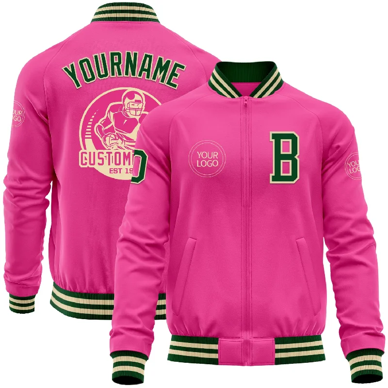 Modern Trench Jacket for Urban Fashion-Custom Pink Green-Cream Bomber Varsity Letterman Zipper Jacket