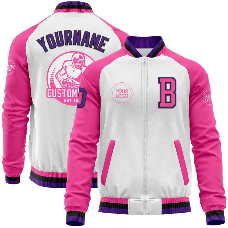 Cool Moto Jacket for Edgy Style-Custom White Purple Black-Pink Bomber Varsity Letterman Two Tone Zipper Jacket