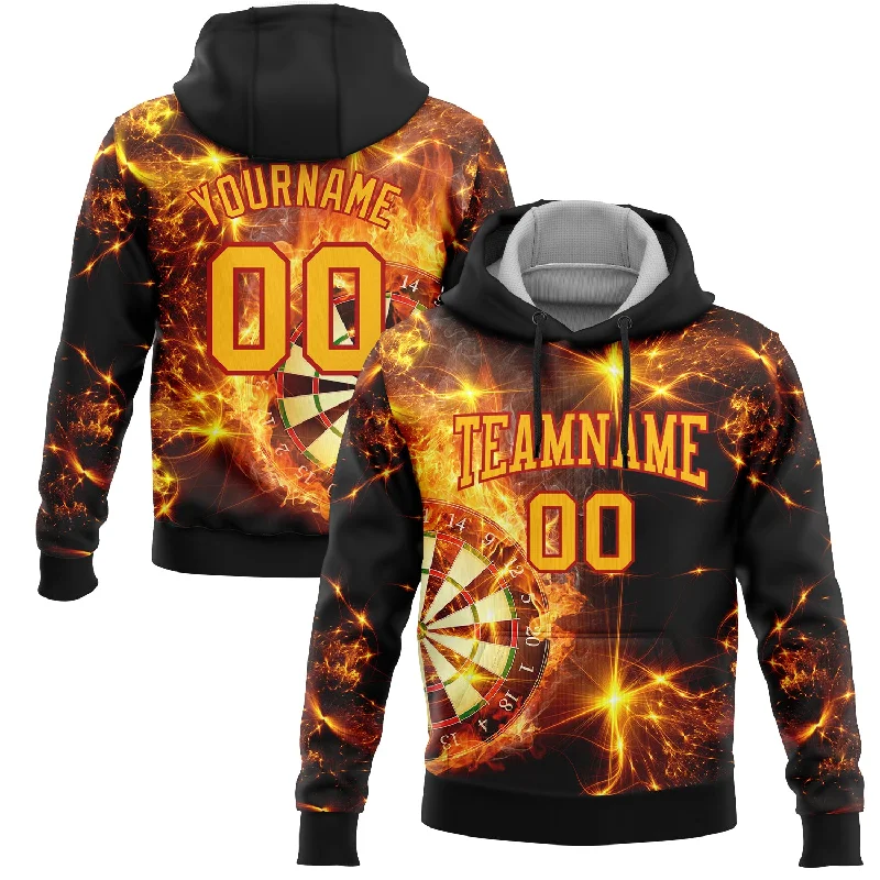 Versatile Hoodie for Layering in Any Season-Custom Stitched Black Gold-Red 3D Flame Dart Board Sports Pullover Sweatshirt Hoodie