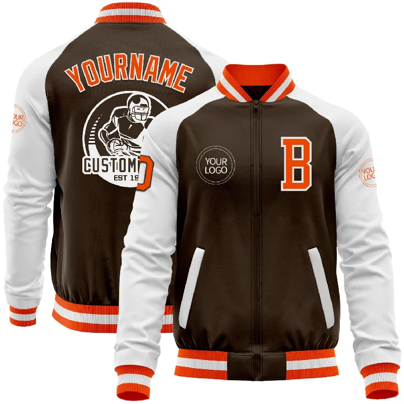 Trendy Colorblock Jacket for Bold Fashion-Custom Brown Orange-White Bomber Varsity Letterman Two Tone Zipper Jacket