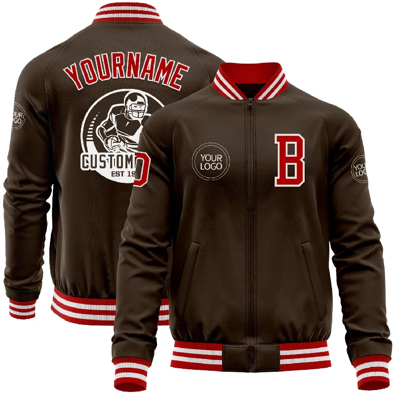 Sporty Sweat Jacket for Comfortable Wear-Custom Brown Red-White Bomber Varsity Letterman Zipper Jacket