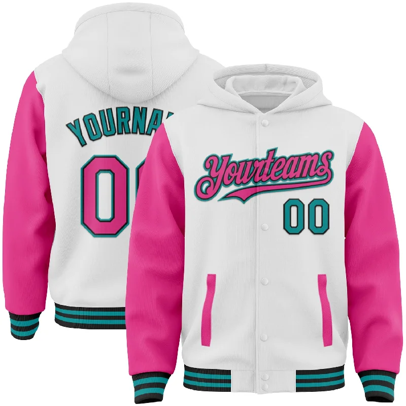 Warm Hoodie for Cold Weather-Custom White Pink Black-Teal Bomber Full-Snap Varsity Letterman Two Tone Hoodie Jacket