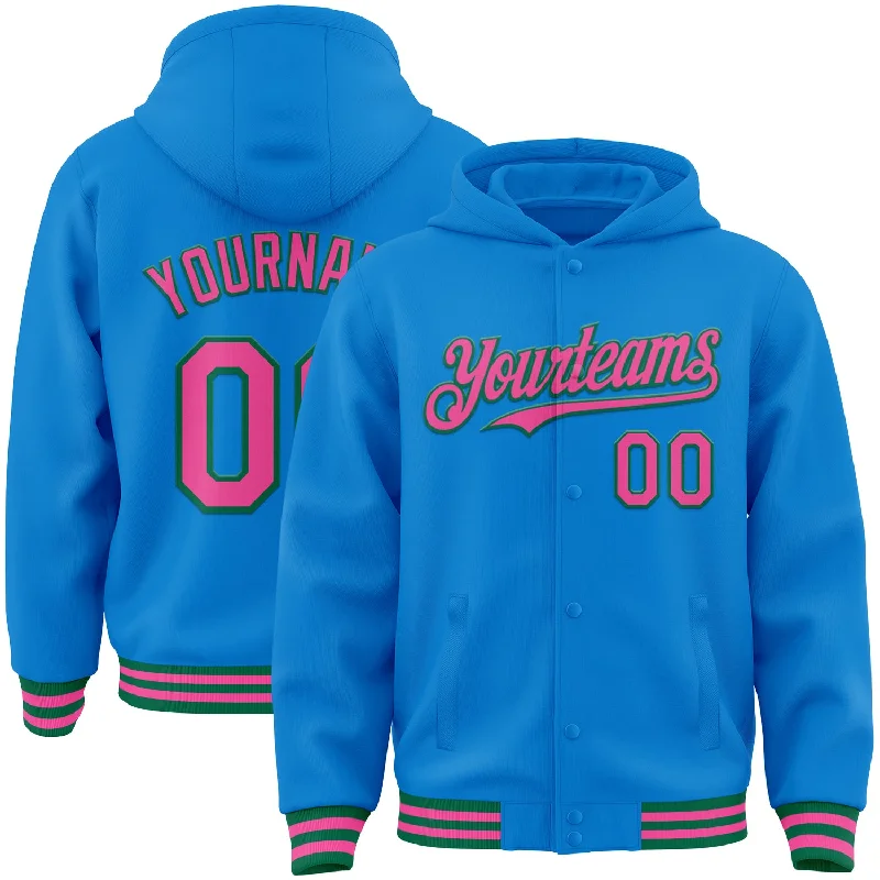 Lightweight Hoodie for Spring and Fall-Custom Powder Blue Pink-Kelly Green Bomber Full-Snap Varsity Letterman Hoodie Jacket