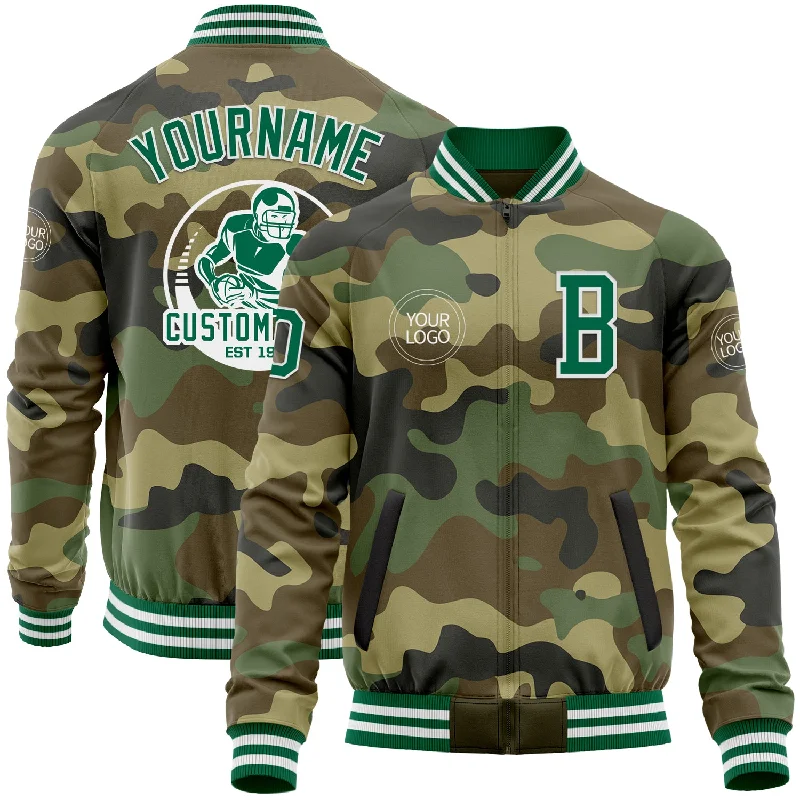 Lightweight Hiking Windbreaker for Active Comfort-Custom Camo Kelly Green-White Bomber Varsity Letterman Salute To Service Zipper Jacket