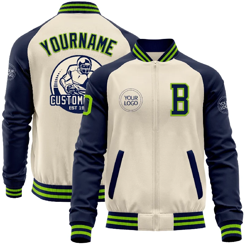 Trendy Cropped Bomber Jacket for Youthful Fashion-Custom Cream Neon Green-Navy Bomber Varsity Letterman Two Tone Zipper Jacket