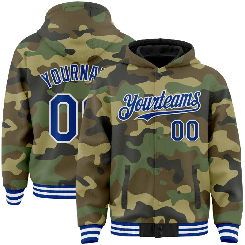 Comfortable Hoodie with Pockets for Convenience-Custom Camo Royal-White Bomber Full-Snap Varsity Letterman Salute To Service Hoodie Jacket