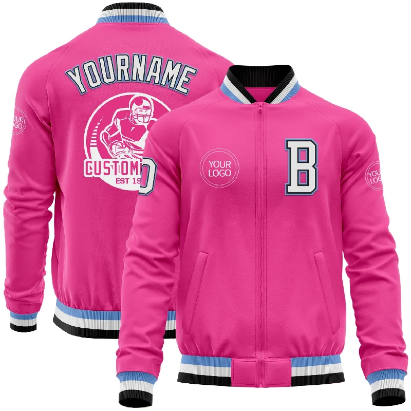 Classic Double-Breasted Jacket for Sophisticated Style-Custom Pink Black-Light Blue Bomber Varsity Letterman Zipper Jacket