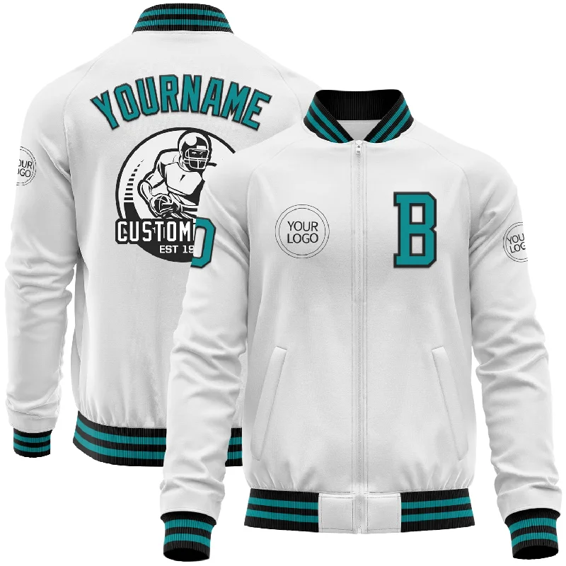 Comfortable Softshell Jacket for Hiking-Custom White Teal-Black Bomber Varsity Letterman Zipper Jacket