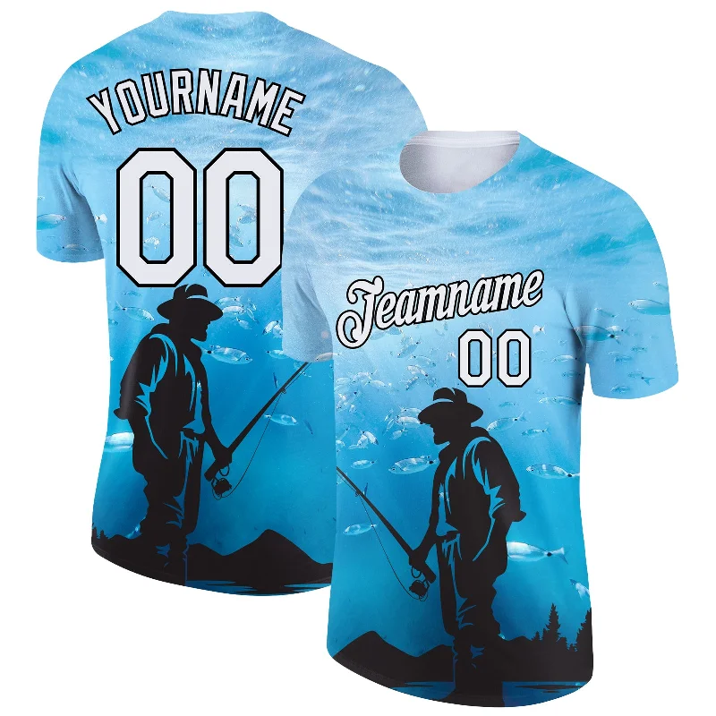 Trendy Crop Top T-Shirt for Fashion Lovers-Custom Sky Blue White-Black 3D Pattern Design Fishing Performance T-Shirt