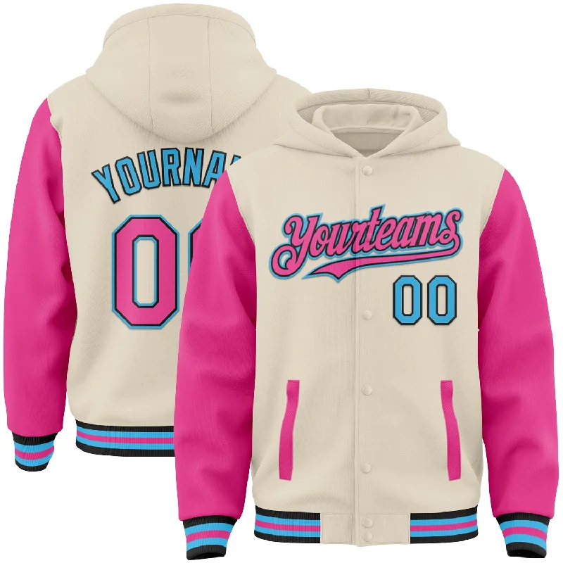 Casual Hoodie for Everyday Wear-Custom Cream Pink Black-Sky Blue Bomber Full-Snap Varsity Letterman Two Tone Hoodie Jacket