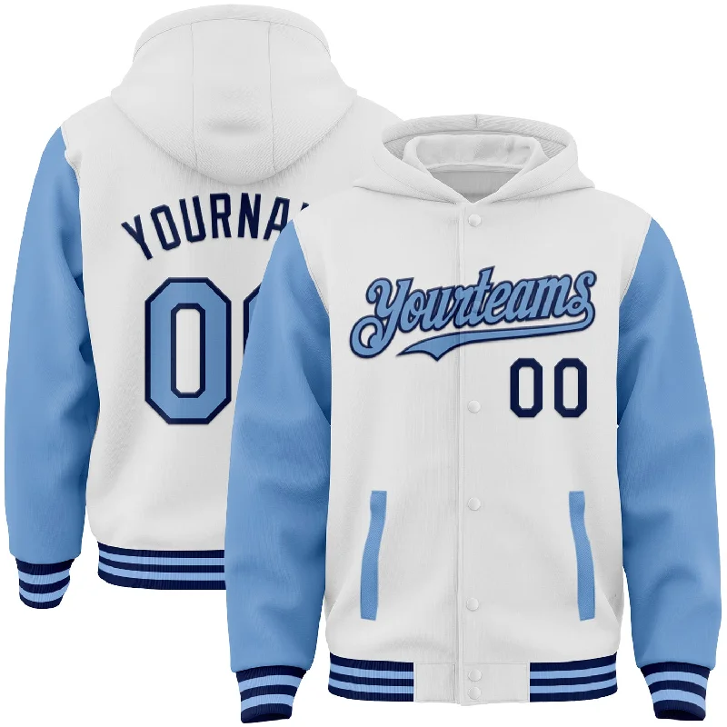 Lightweight Hooded Jacket for Cool Days-Custom White Light Blue-Navy Bomber Full-Snap Varsity Letterman Two Tone Hoodie Jacket