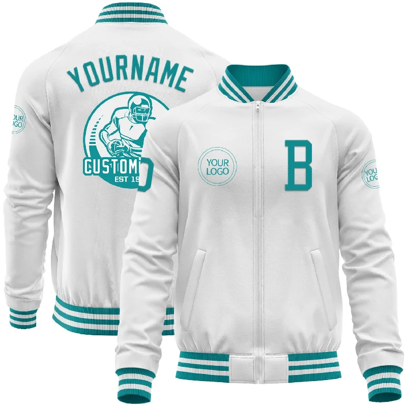 Soft Corduroy Jacket for Casual Comfort-Custom White Teal Bomber Varsity Letterman Zipper Jacket