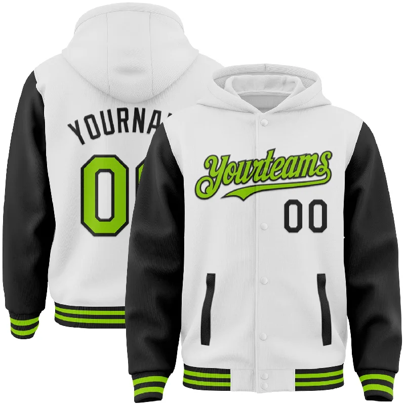 Modern Hoodie with Urban Design for Cool Look-Custom White Neon Green-Black Bomber Full-Snap Varsity Letterman Two Tone Hoodie Jacket