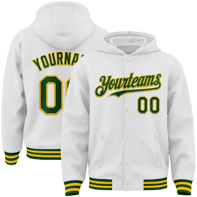 Relaxed Hoodie with Bold Color for Attention-Grabbing Look-Custom White Green-Gold Bomber Full-Snap Varsity Letterman Hoodie Jacket