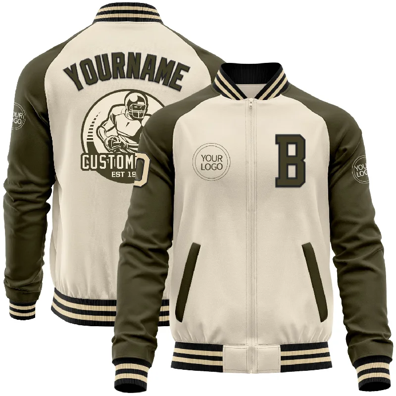 Warm Winter Jacket for Cold Weather-Custom Cream Black-Olive Bomber Varsity Letterman Two Tone Zipper Jacket