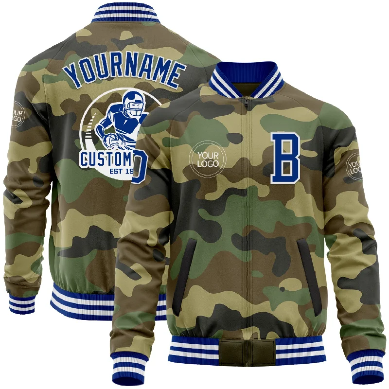 Elegant Wool Jacket for Classic Style-Custom Camo Royal-White Bomber Varsity Letterman Salute To Service Zipper Jacket